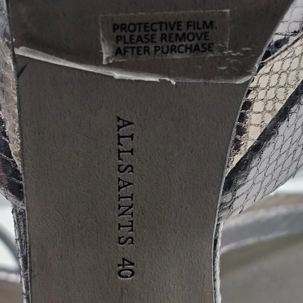 AllSaints Tia Platform Heel Sandal Womens 10 Metallic Bronze Gold Gray Embossed - Picture 15 of 16